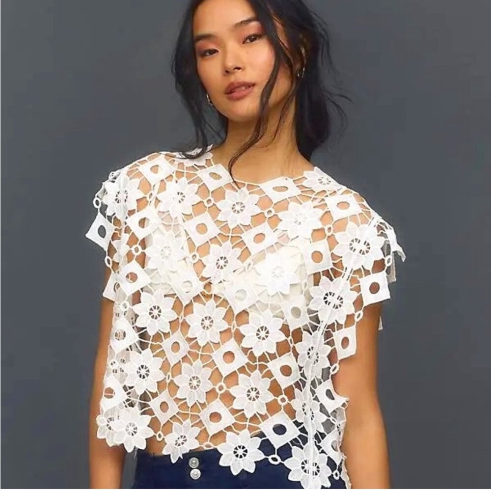 Anthropologie White Floral Crochet Blouse